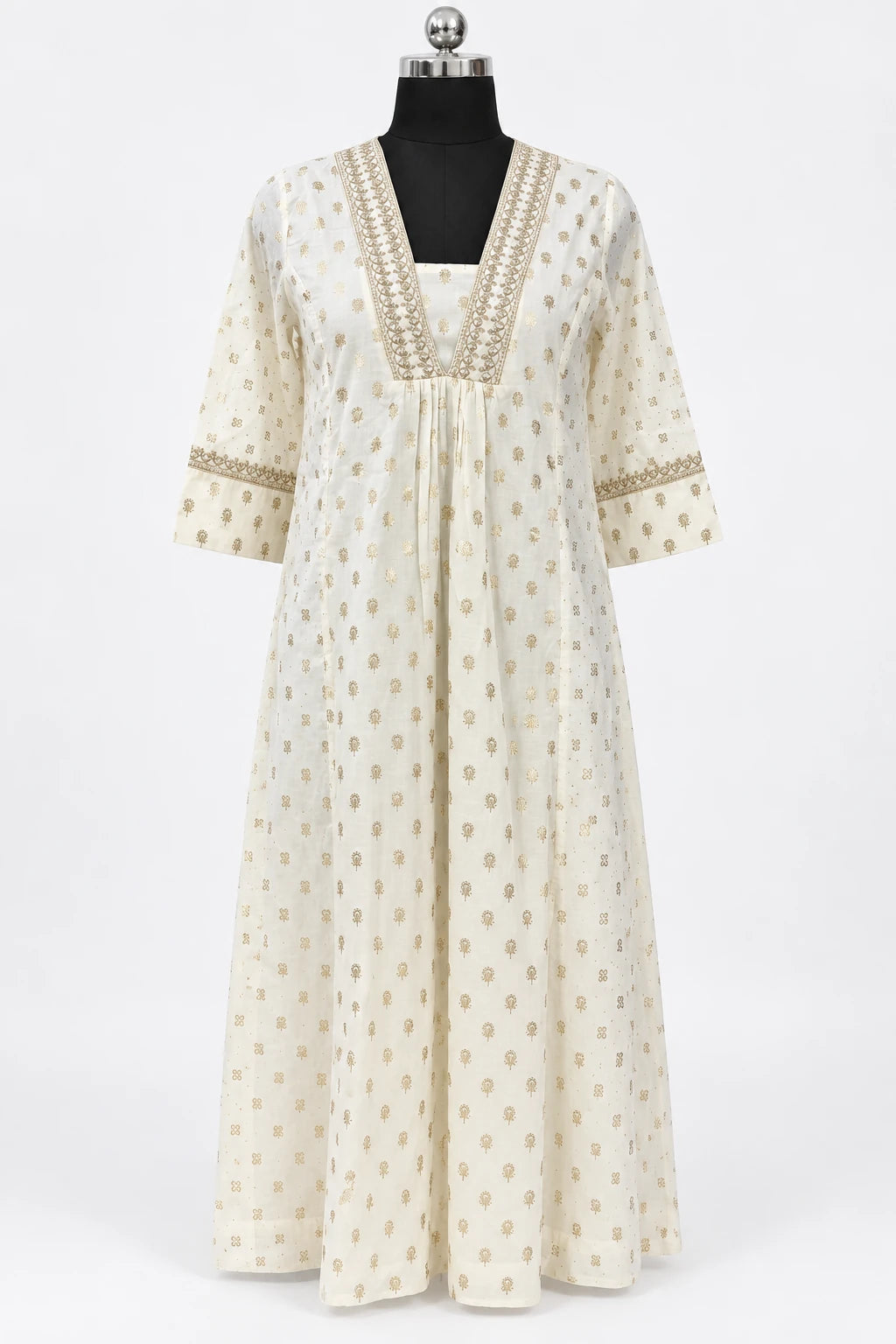 Pranavi — Ivory Gold Motif Dress, retouched front view on a clean background