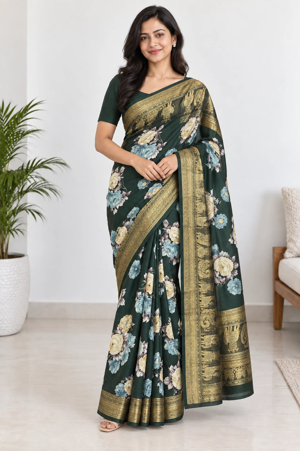 Ritika — Forest Rose Gold Border Saree, model-worn styling photograph