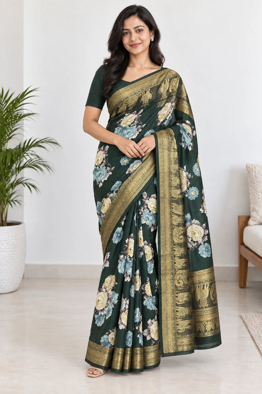 Ritika — Forest Rose Gold Border Saree