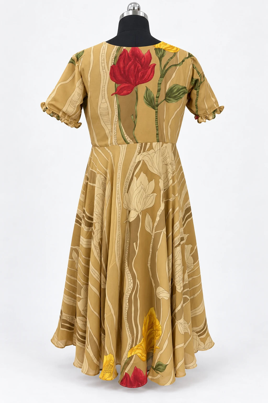 Saachi — Mustard Botanical Ruffle Dress, retouched back view on a clean background