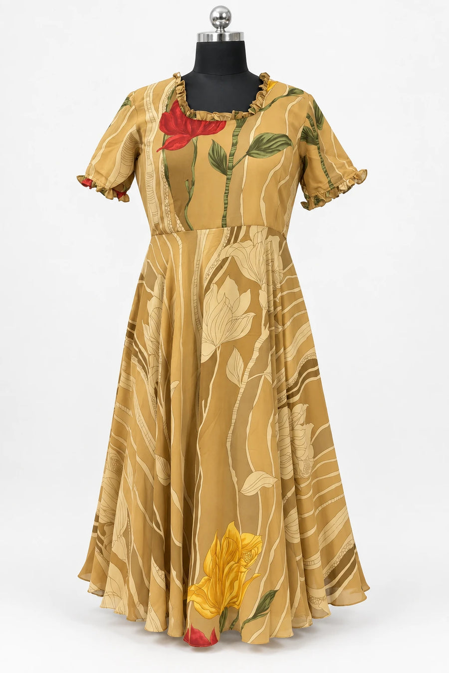 Saachi — Mustard Botanical Ruffle Dress, retouched front view on a clean background
