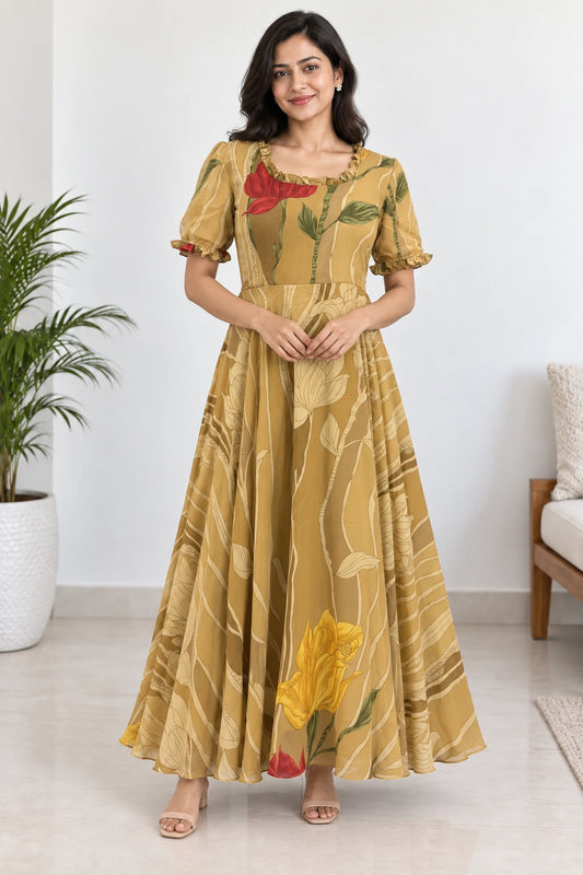 Saachi — Mustard Botanical Ruffle Dress, model-worn styling photograph