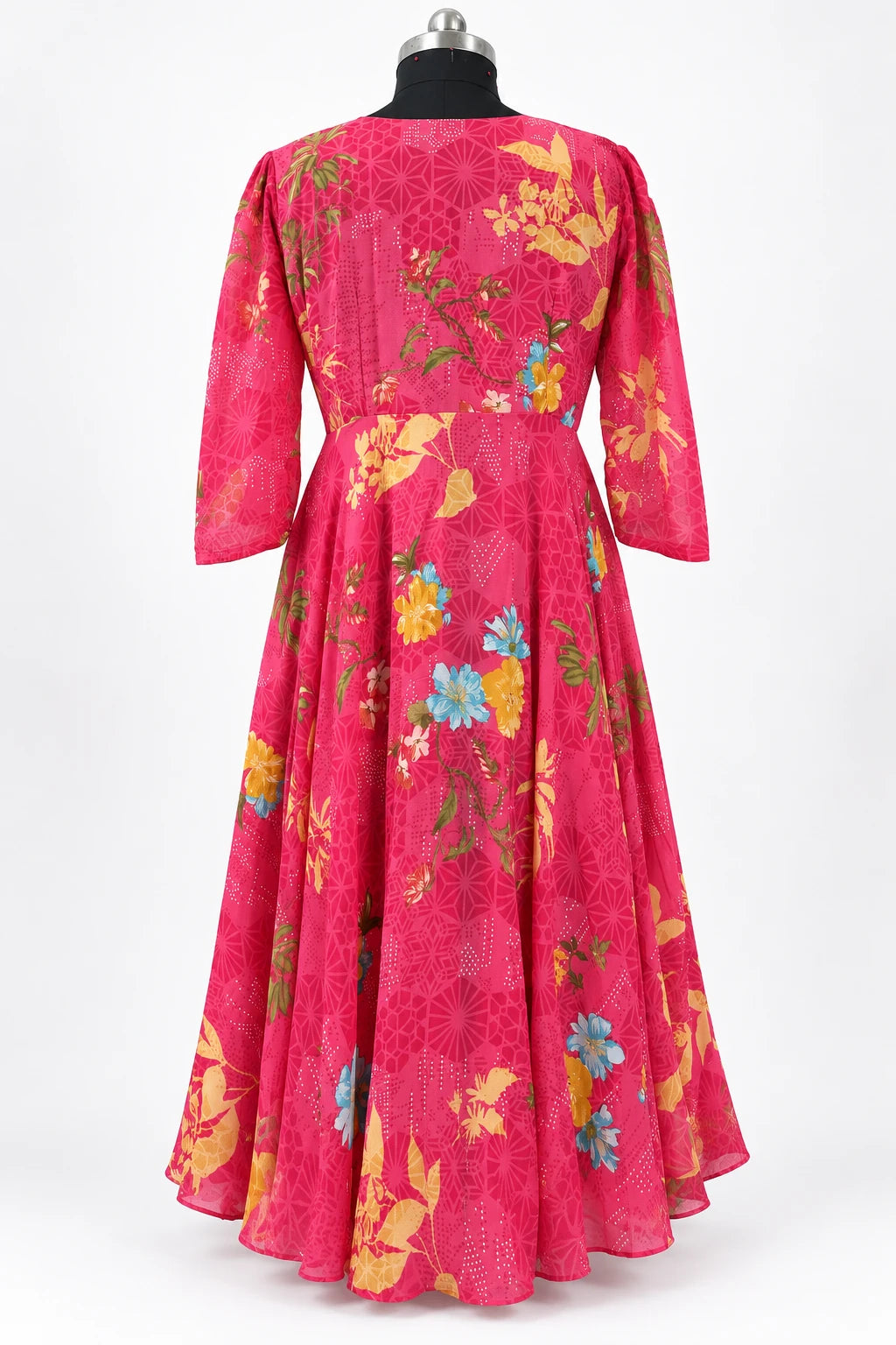 Sanvi — Fuchsia Botanical Three Quarter Sleeve Dress, retouched back view on a clean background