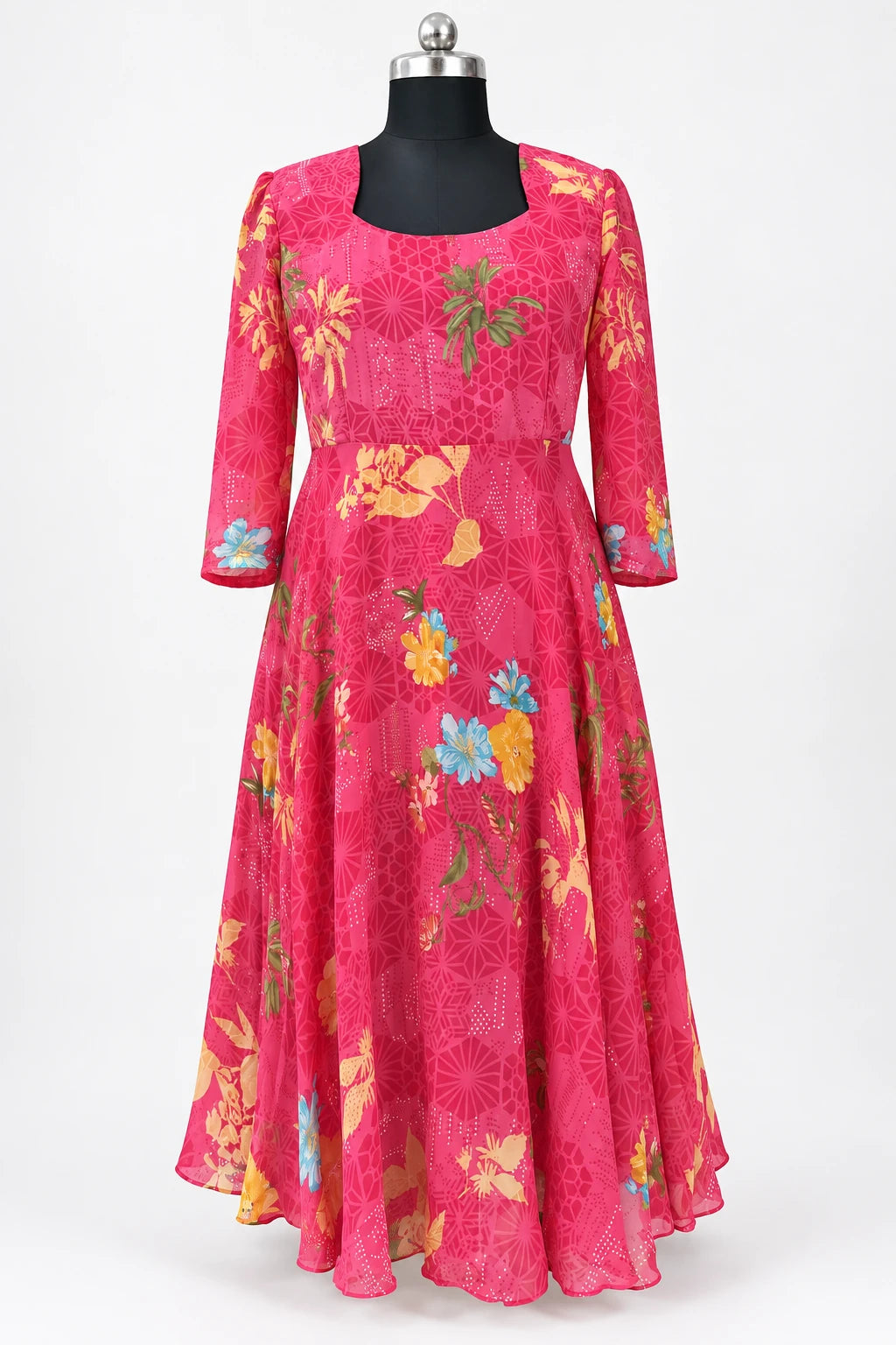 Sanvi — Fuchsia Botanical Three Quarter Sleeve Dress, retouched front view on a clean background