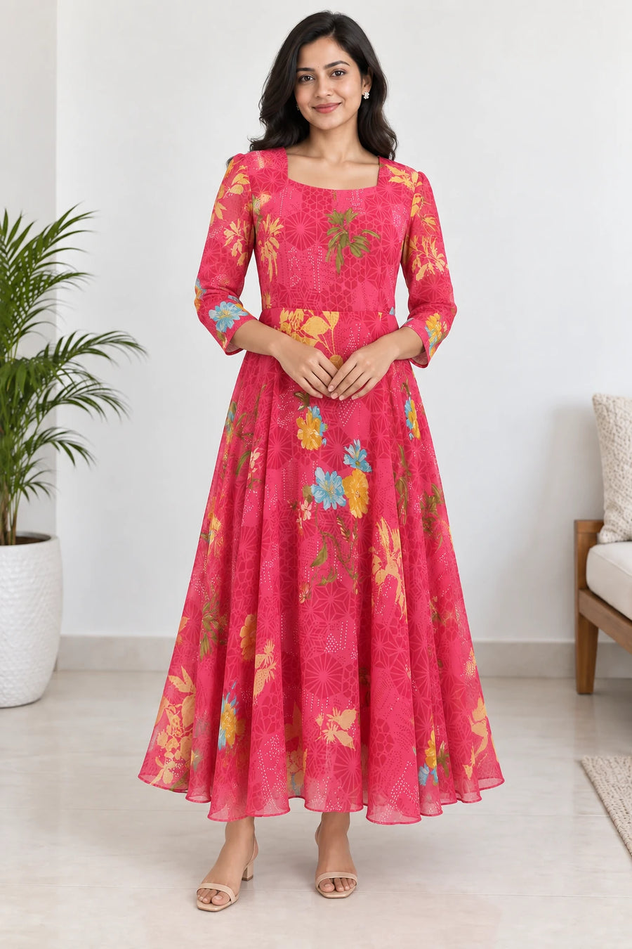 Sanvi — Fuchsia Botanical Three Quarter Sleeve Dress