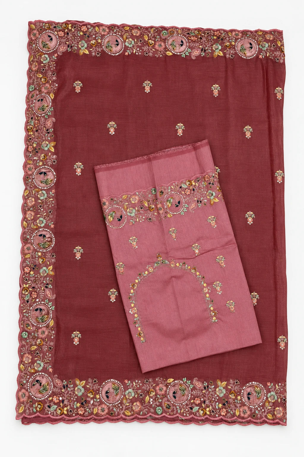 Sharvika — Wine Peacock Border Saree, retouched saree & coordinating fabric on a clean background