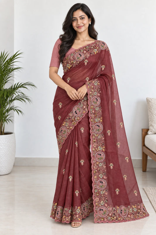 Sharvika — Wine Peacock Border Saree, model-worn styling photograph