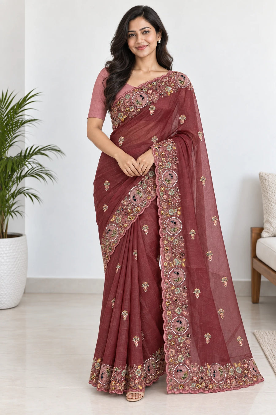 Sharvika — Wine Peacock Border Saree