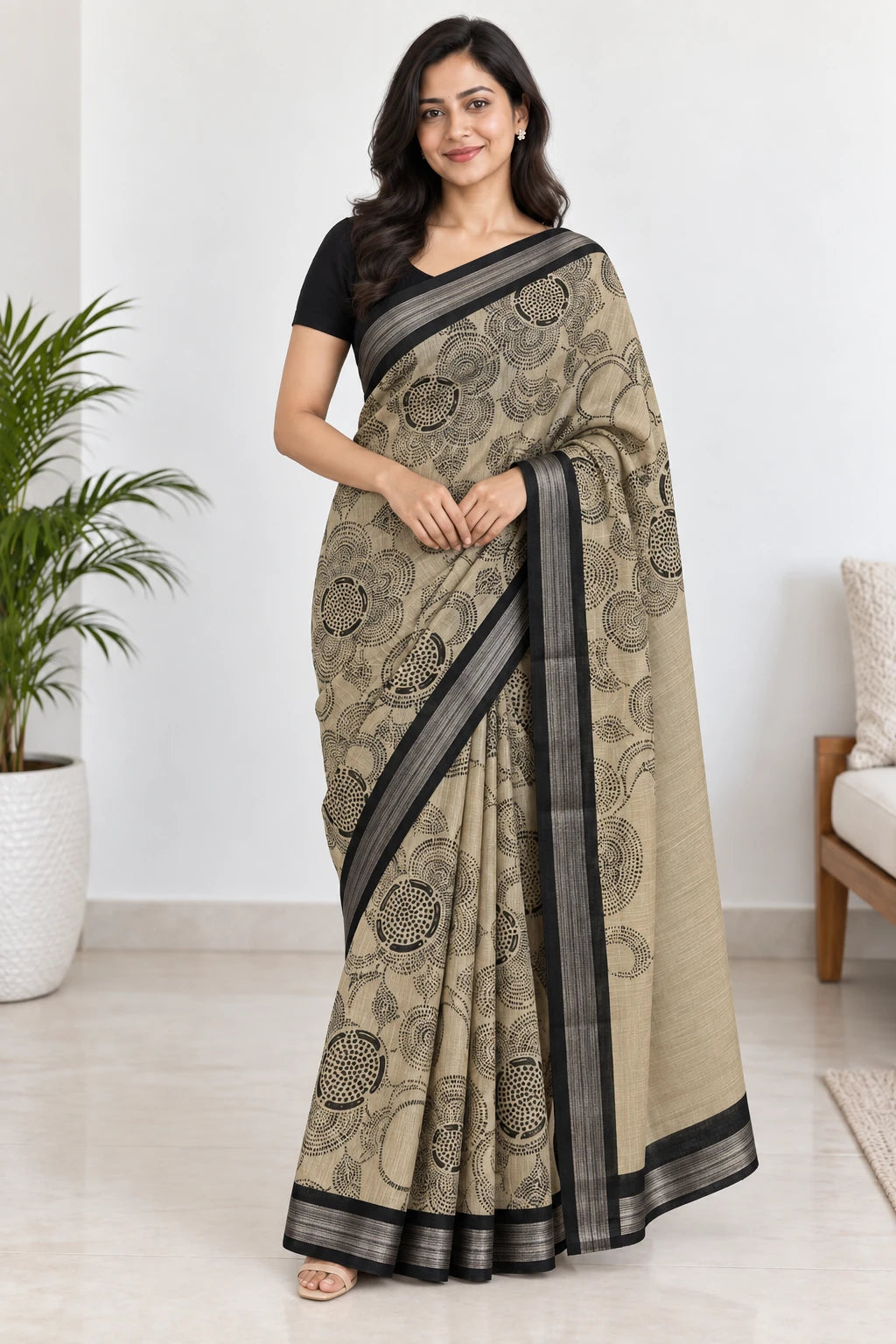 Shreya — Ivory Black Floral Saree, model-worn styling photograph