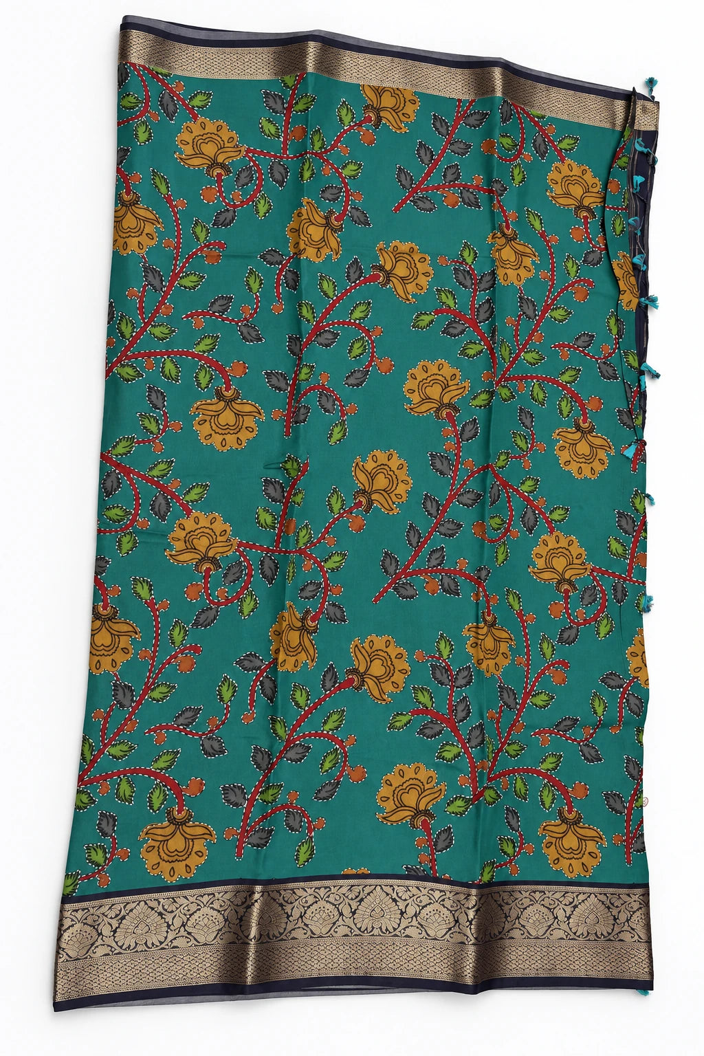 Vamika — Teal Botanical Gold Border Saree, retouched body & border on a clean background