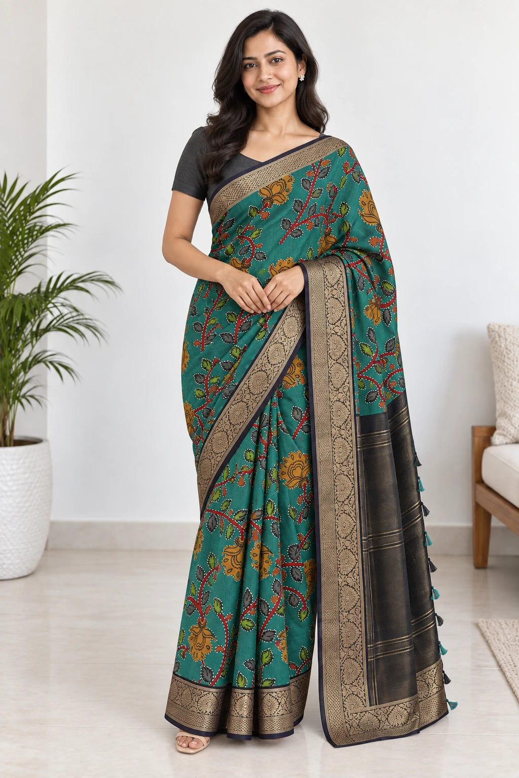 Vamika — Teal Botanical Gold Border Saree, model-worn styling photograph
