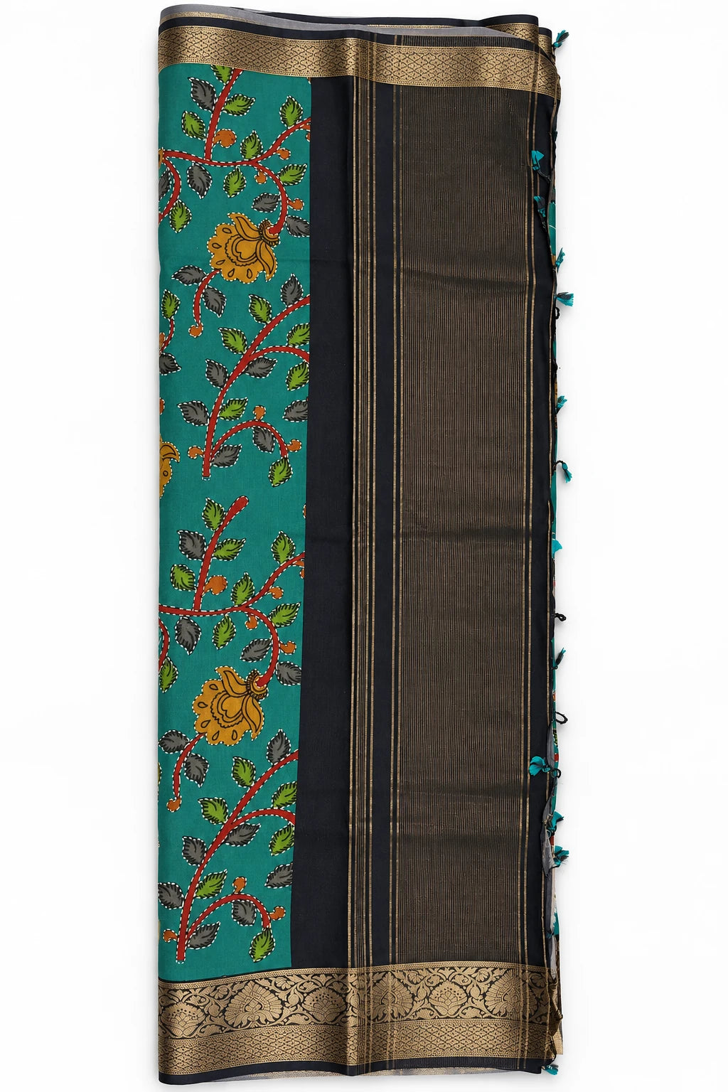 Vamika — Teal Botanical Gold Border Saree, retouched contrast & pallu detail on a clean background