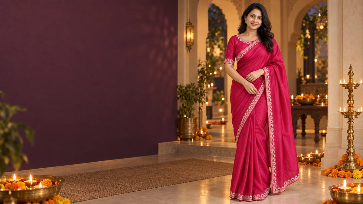 Ridhima saree in a Diwali campaign with warm lamps and marigolds