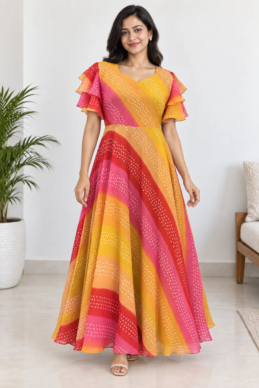 Aanya — Sunset Ruffle Dress, model-worn styled look