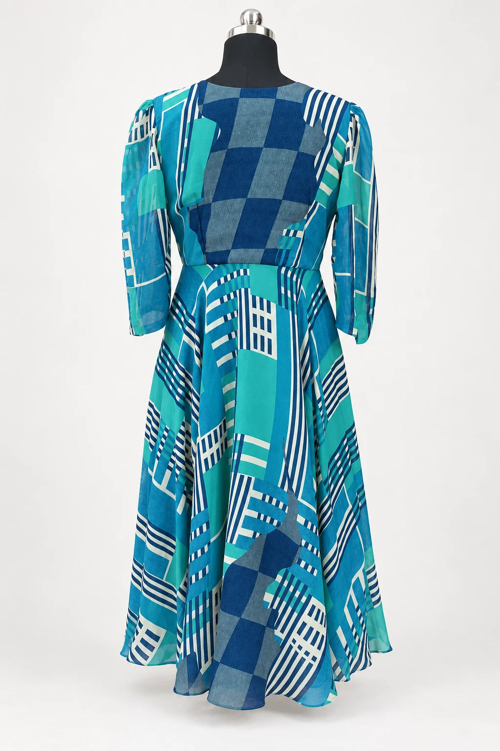Aisha — Teal Mosaic Dress, retouched garment back view on a clean background