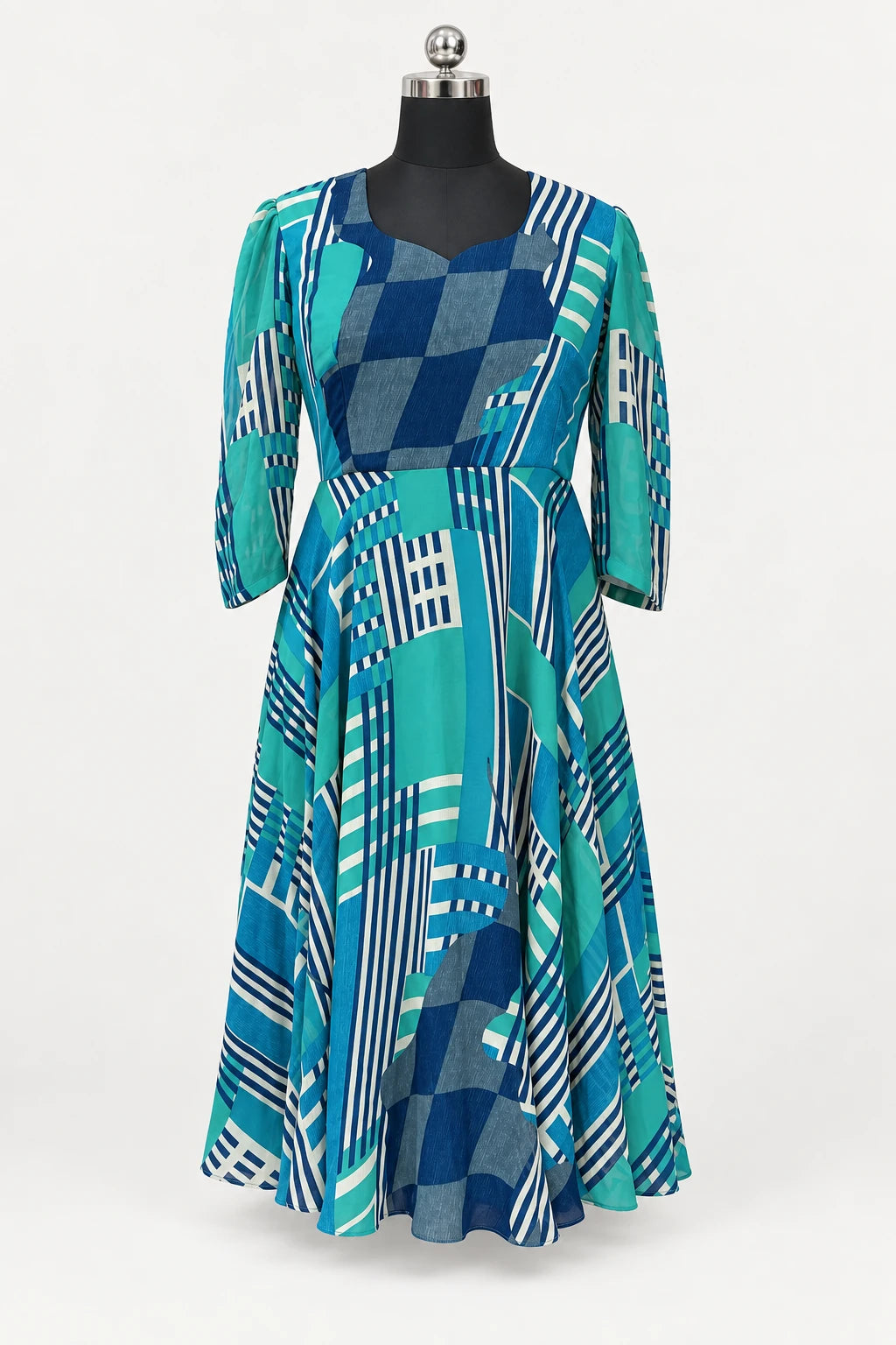 Aisha — Teal Mosaic Dress, retouched garment front view on a clean background