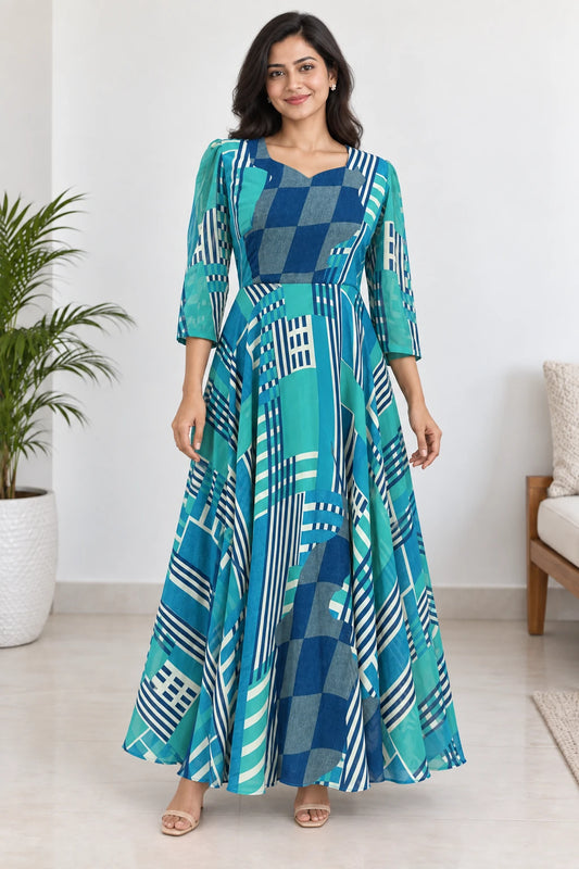 Aisha — Teal Mosaic Dress, model-worn styled look