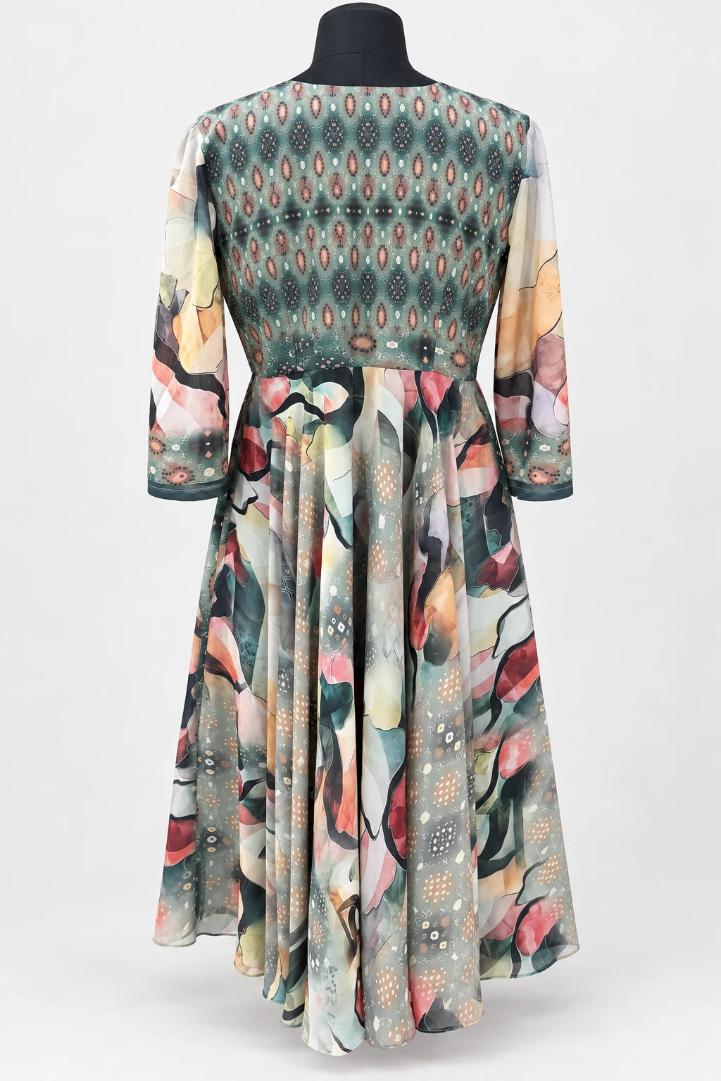Diya — Sage Petal Print Dress, retouched garment back view on a clean background