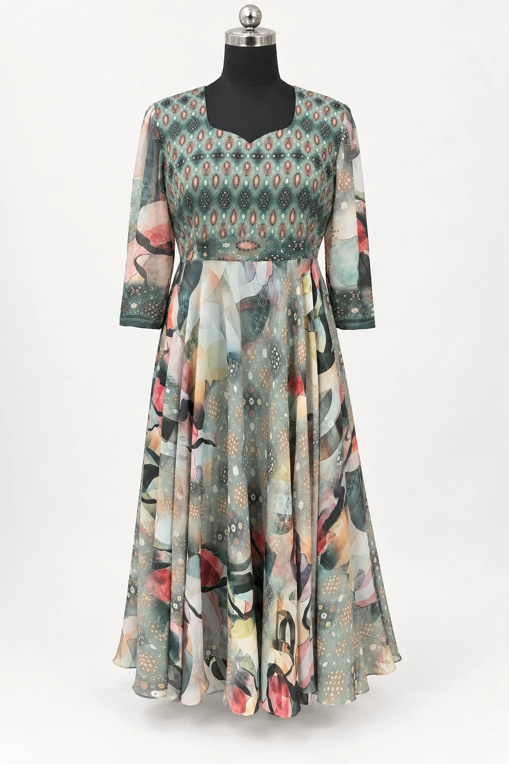 Diya — Sage Petal Print Dress, retouched garment front view on a clean background