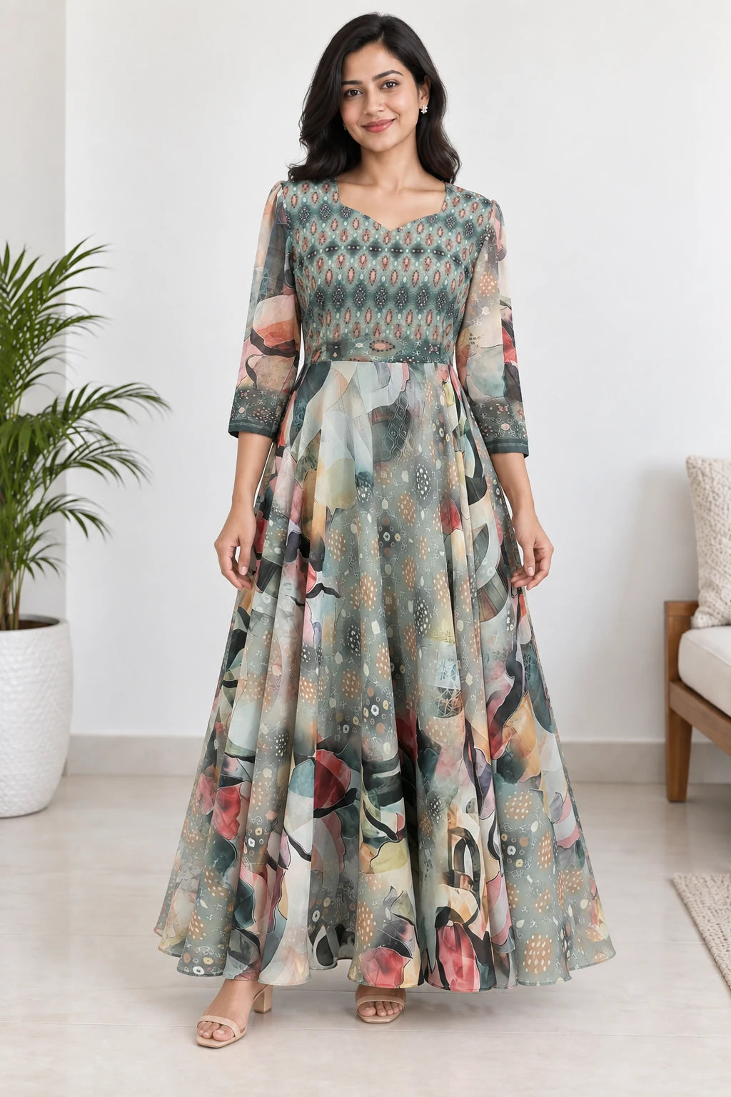 Diya — Sage Petal Print Dress, model-worn styled look