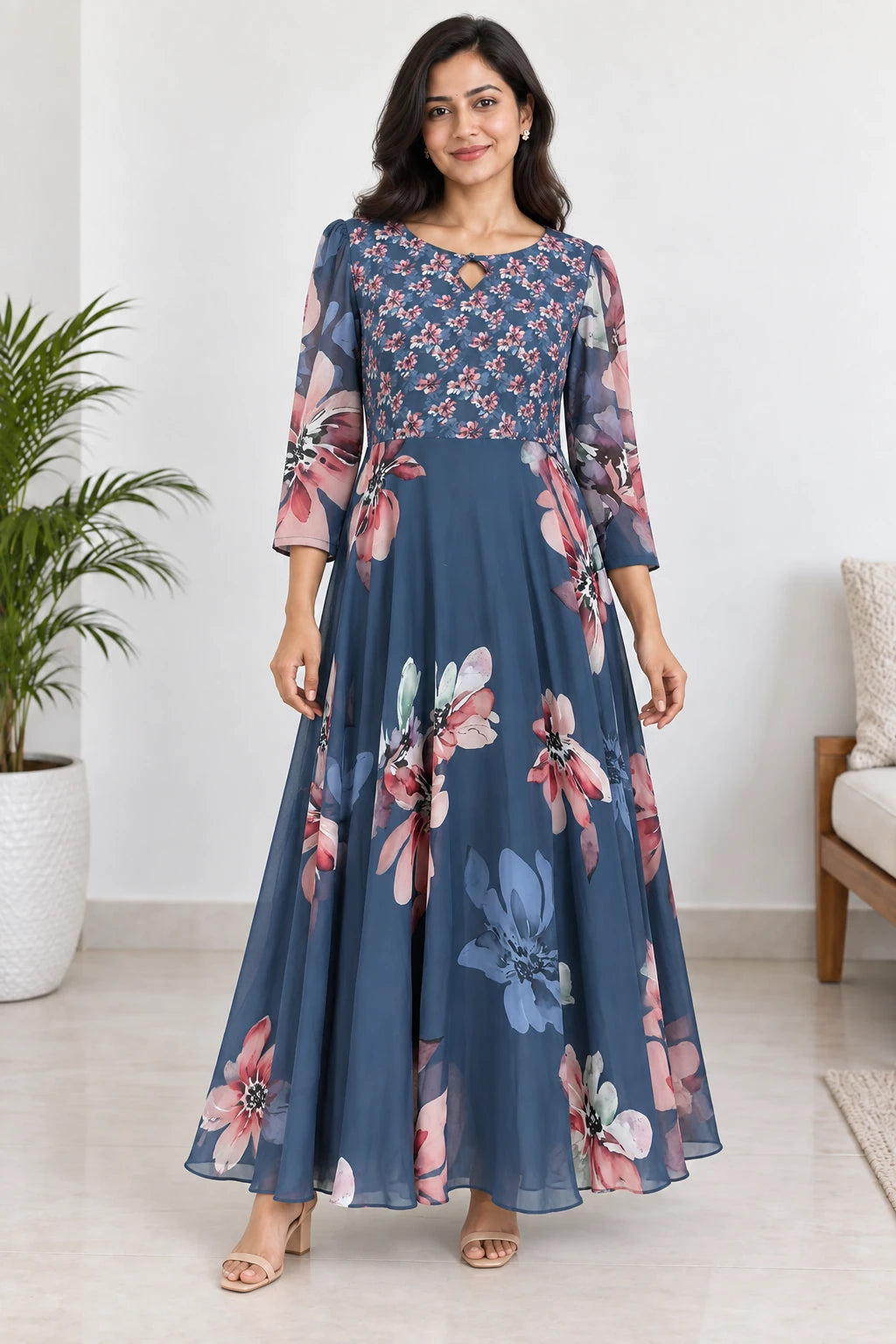 Eesha — Midnight Floral Dress, model-worn styled look