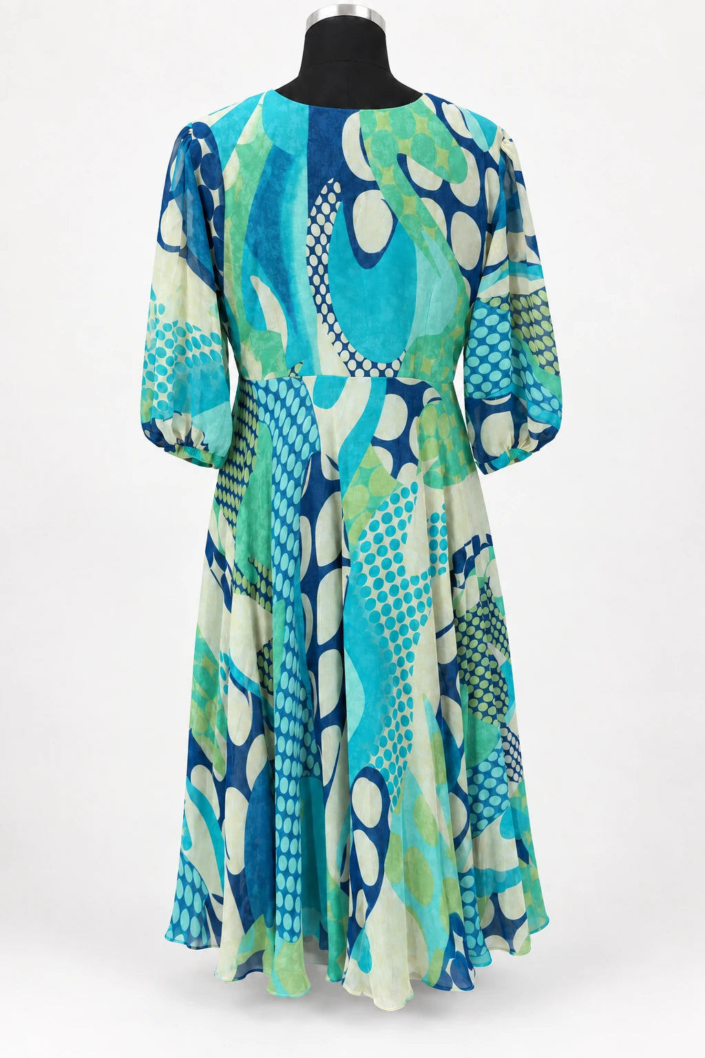 Elina — Aqua Patchwork Dress, retouched garment back view on a clean background