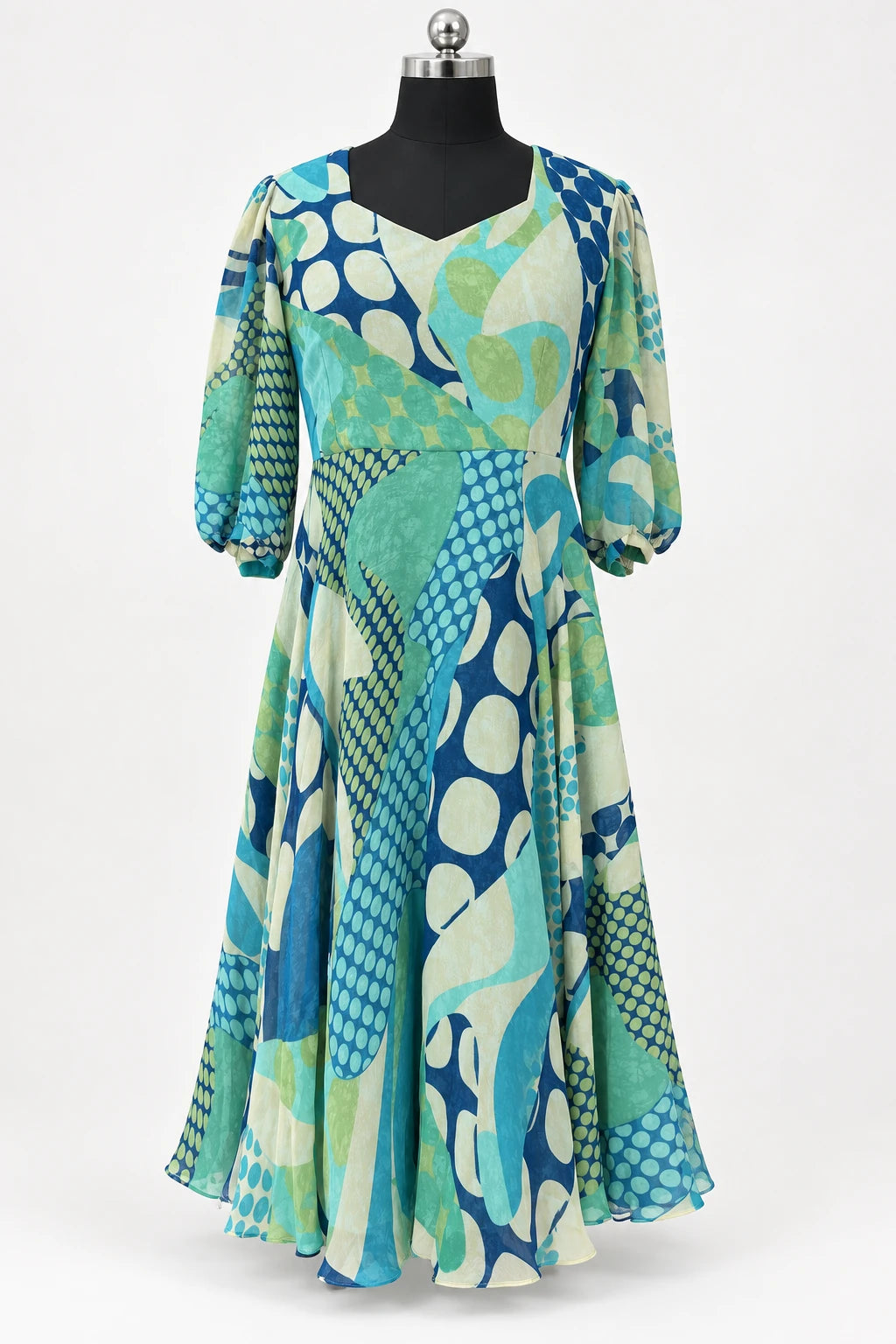 Elina — Aqua Patchwork Dress, retouched garment front view on a clean background