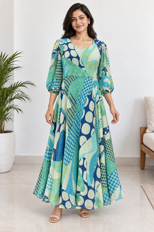 Elina — Aqua Patchwork Dress, model-worn styled look