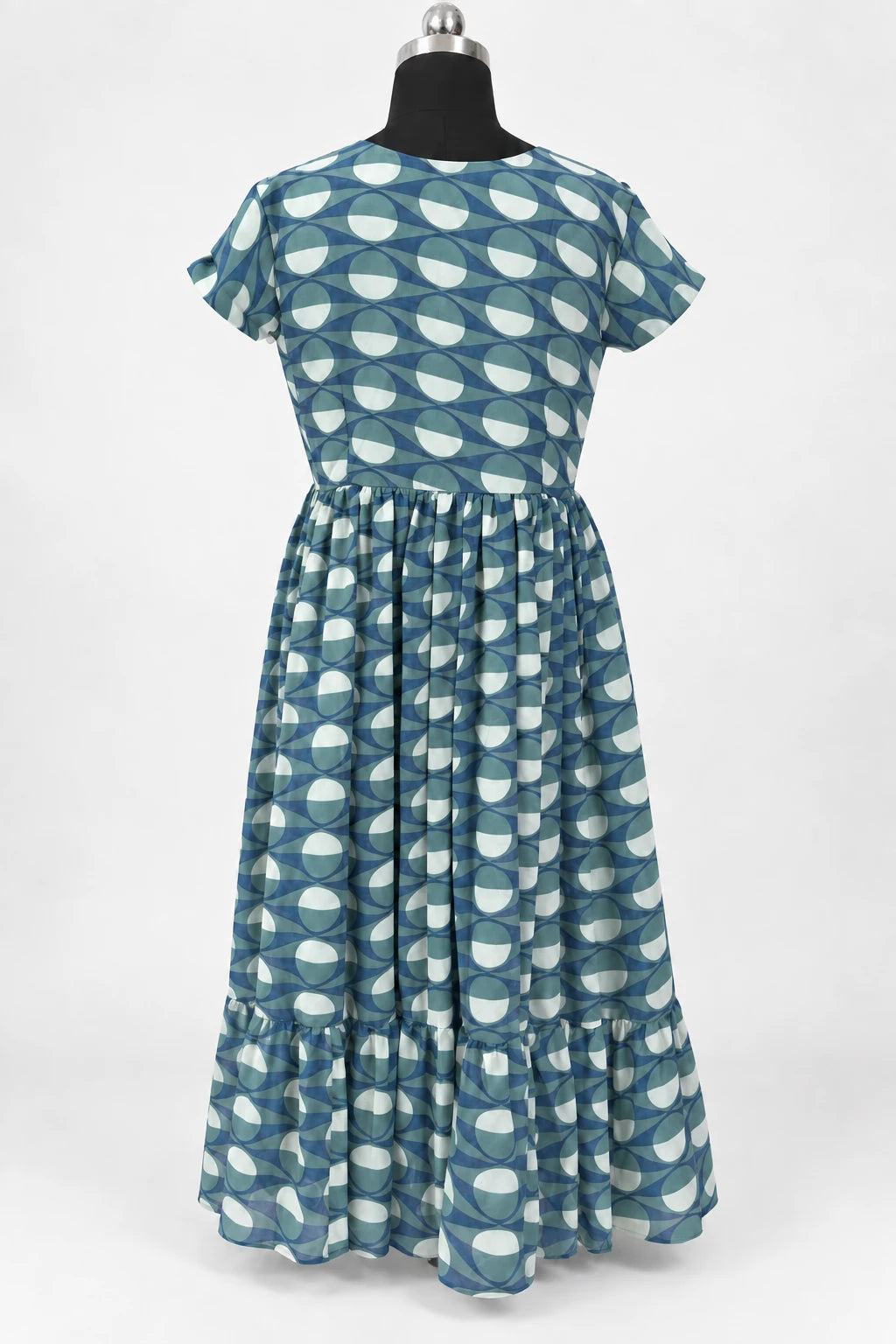 Inaya — Blue Leaf Short Sleeve Dress, retouched garment back view on a clean background