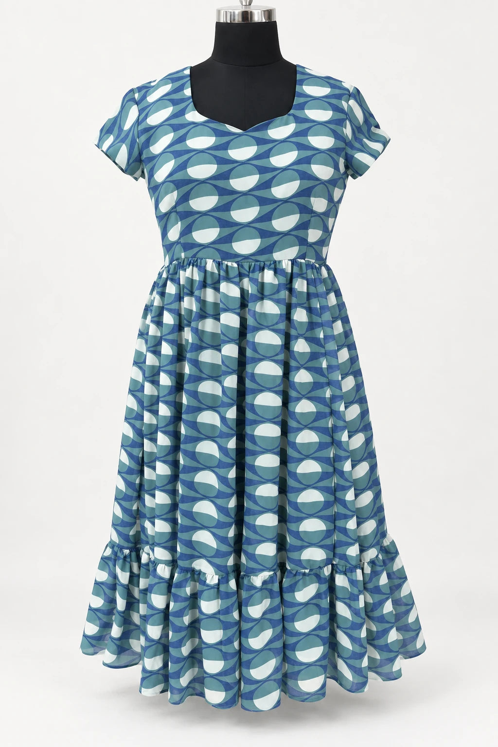 Inaya — Blue Leaf Short Sleeve Dress, retouched garment front view on a clean background