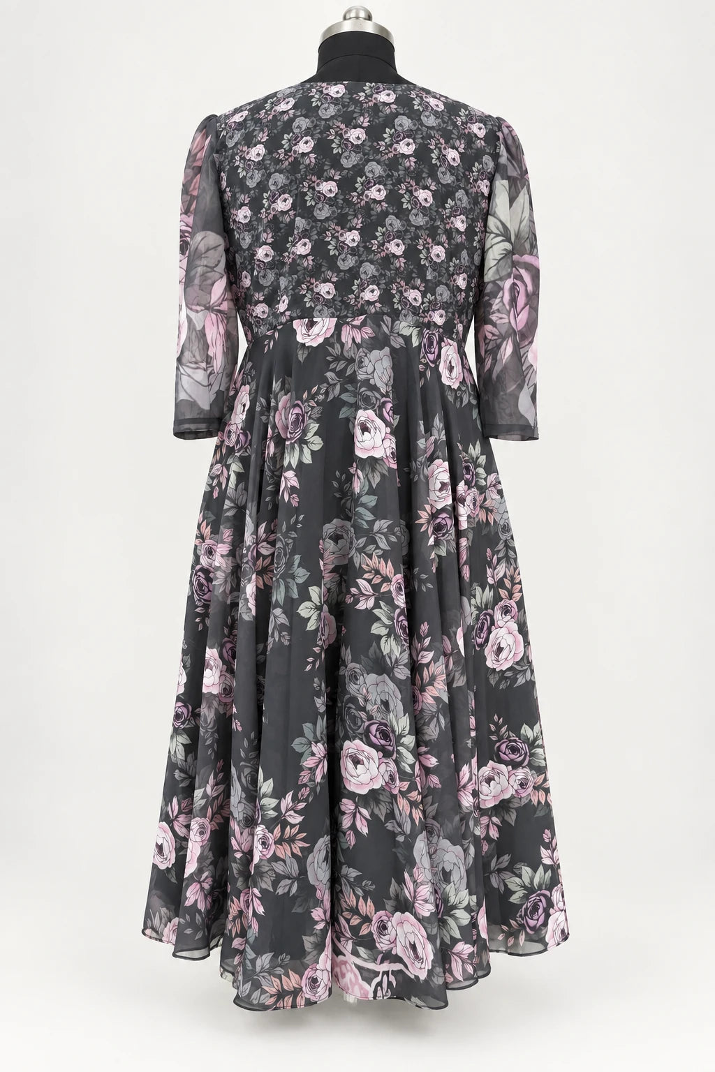 Kiara — Charcoal Rose Dress, retouched garment back view on a clean background