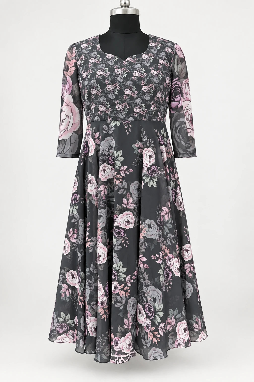 Kiara — Charcoal Rose Dress, retouched garment front view on a clean background