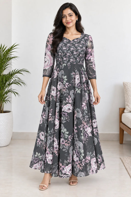 Kiara — Charcoal Rose Dress, model-worn styled look