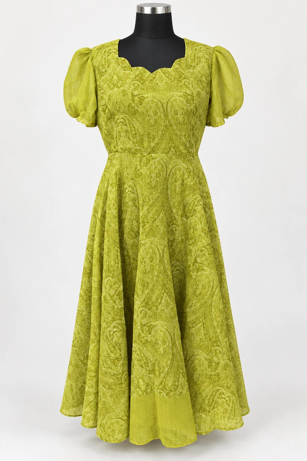 Leela — Lime Paisley Dress, retouched garment front view on a clean background