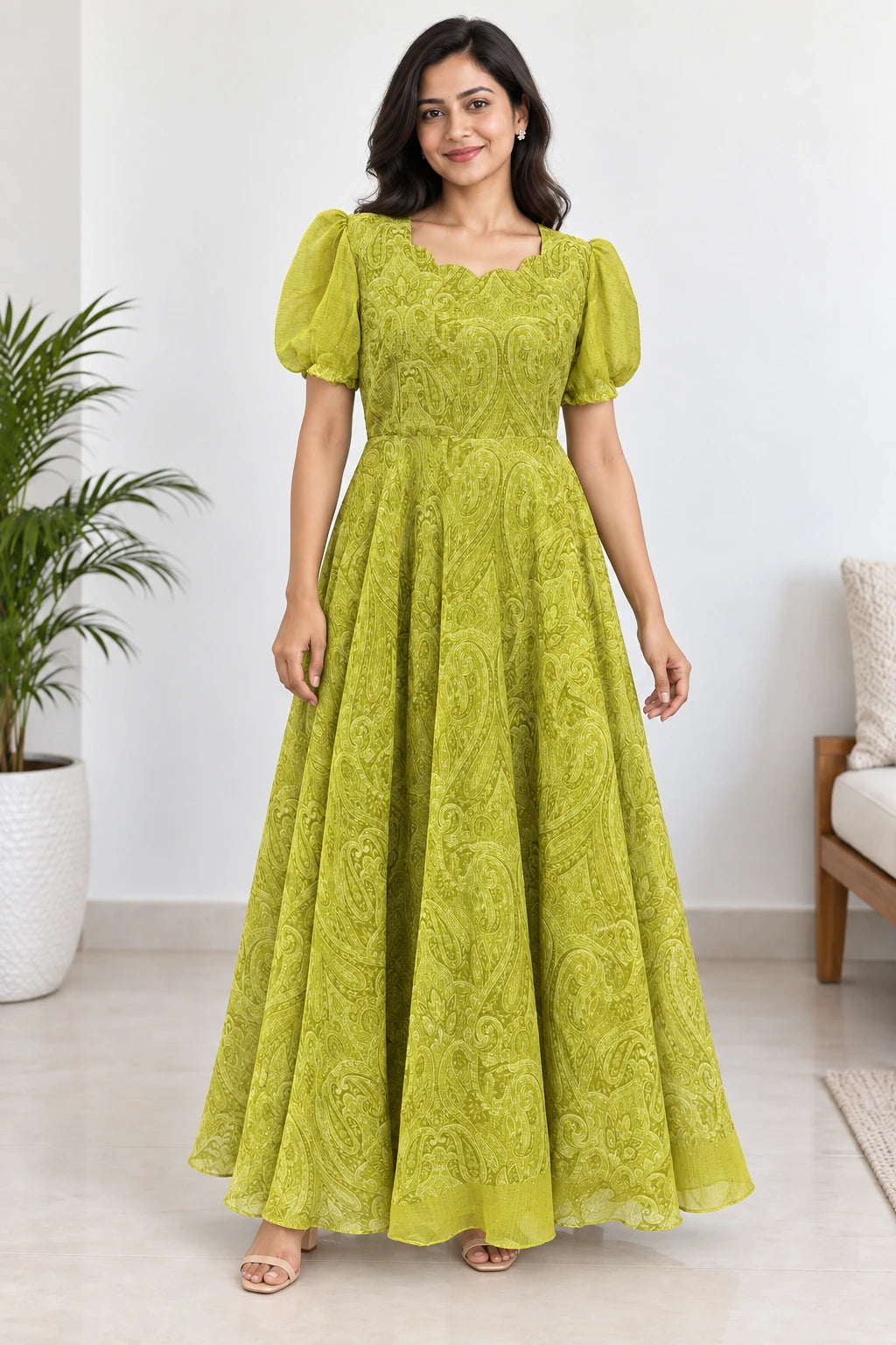Leela — Lime Paisley Dress, model-worn styled look