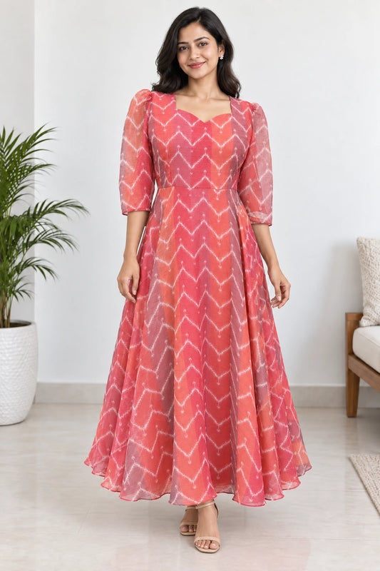 Misha — Coral Chevron Sweetheart Dress, model-worn styled look