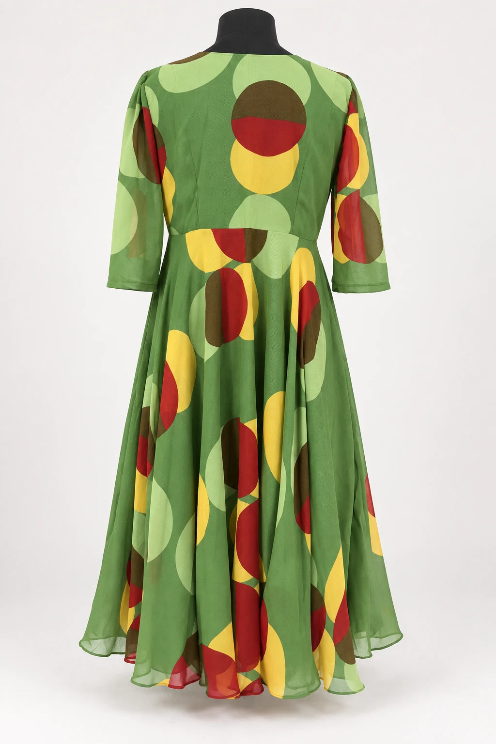 Nila — Green Retro Shaped Neck Dress, retouched garment back view on a clean background