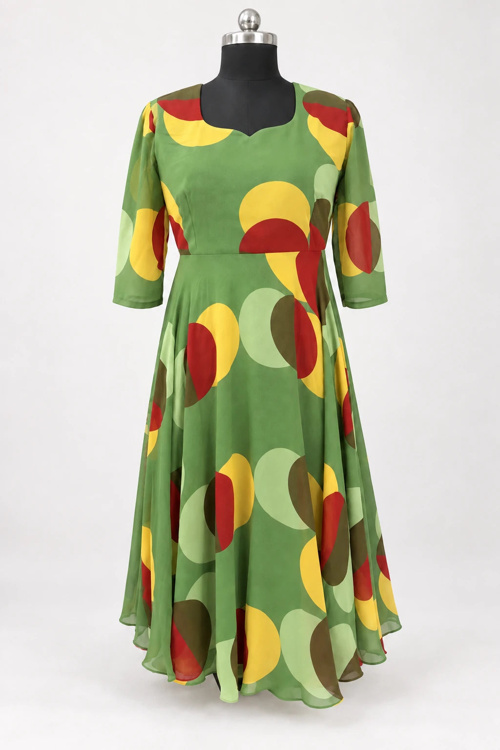 Nila — Green Retro Shaped Neck Dress, retouched garment front view on a clean background