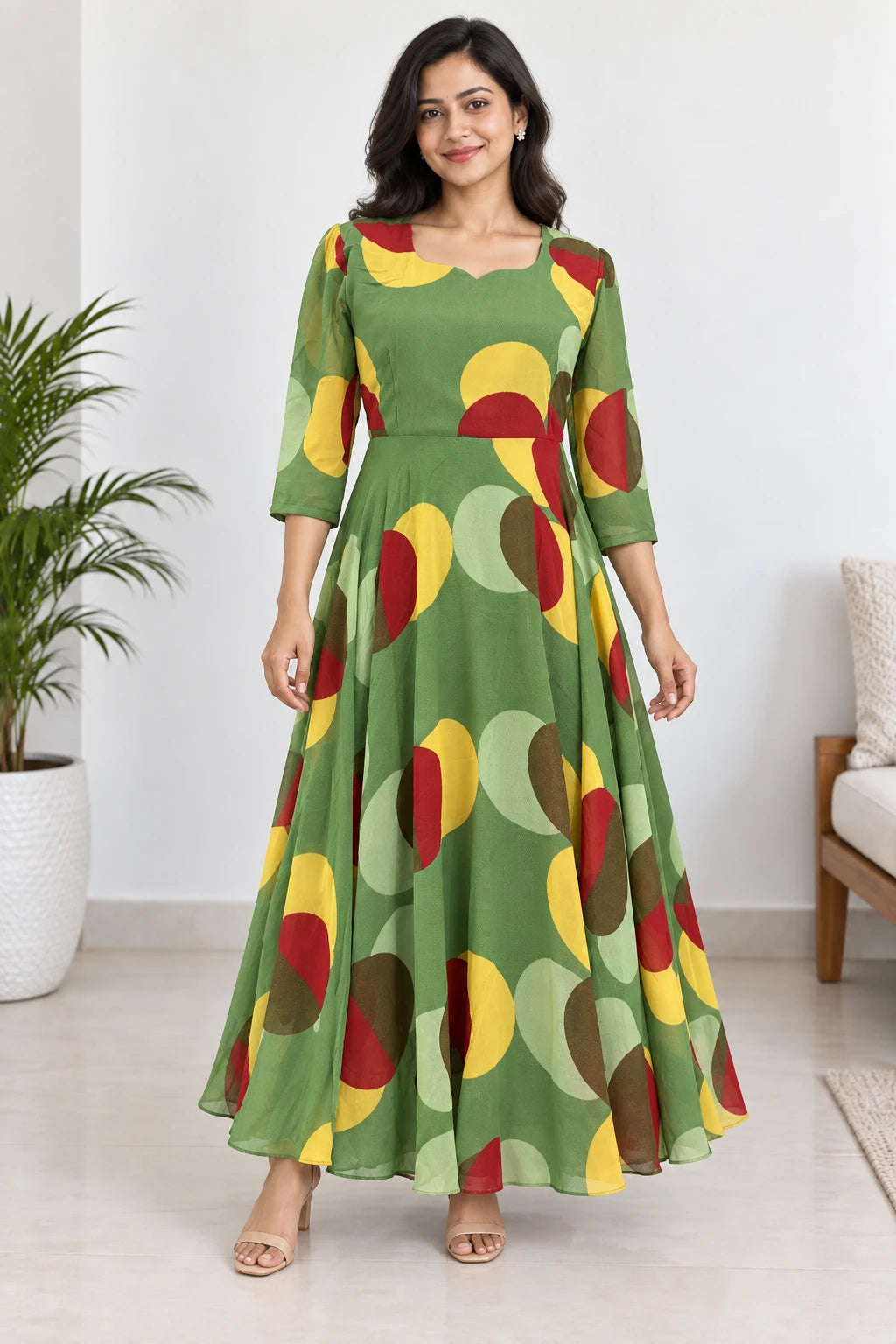 Nila — Green Retro Shaped Neck Dress, model-worn styled look