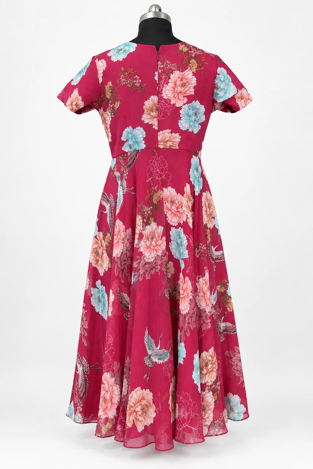 Nitya — Raspberry Garden Dress, retouched garment back view on a clean background