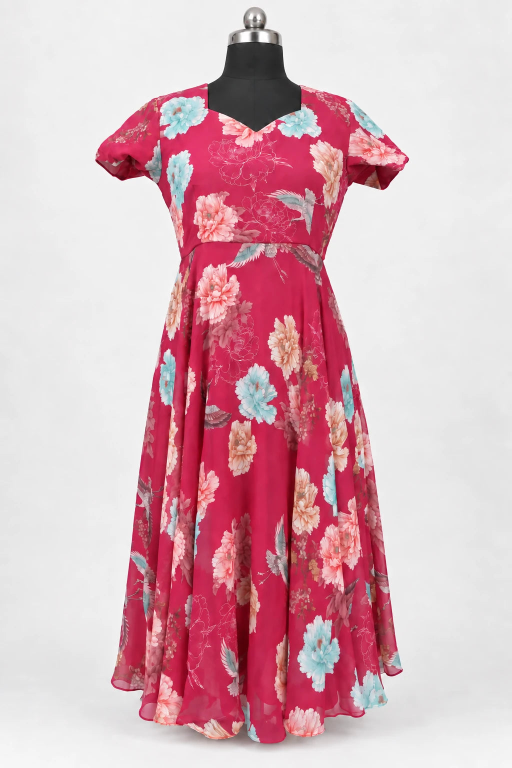 Nitya — Raspberry Garden Dress, retouched garment front view on a clean background