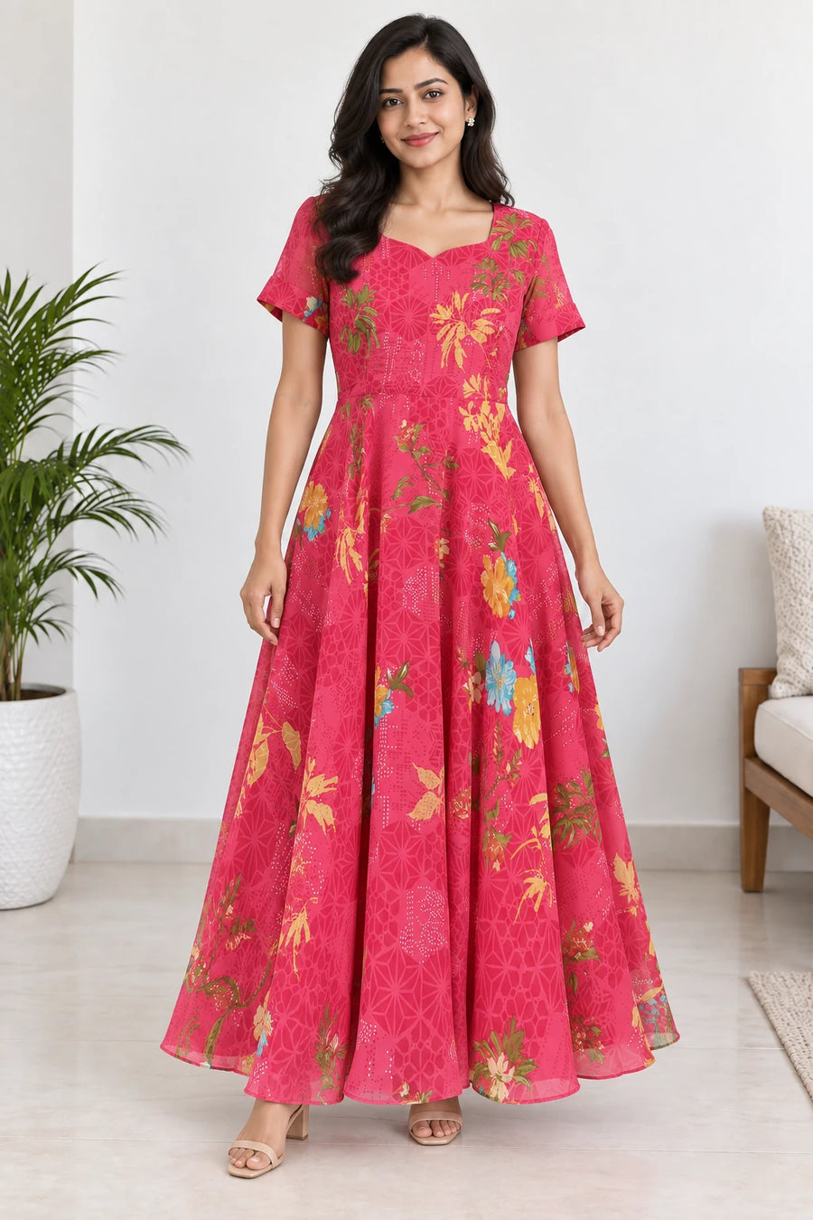 Pari — Fuchsia Botanical Cuff Sleeve Dress