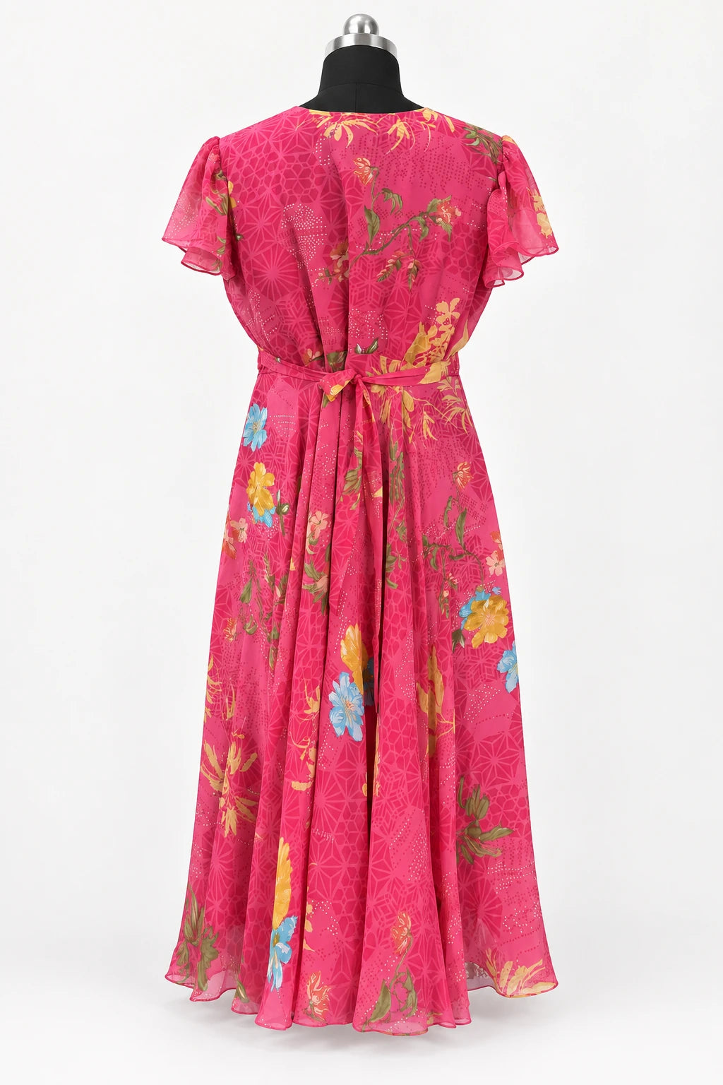 Pihu — Fuchsia Botanical Tie Back Dress, retouched garment back view on a clean background
