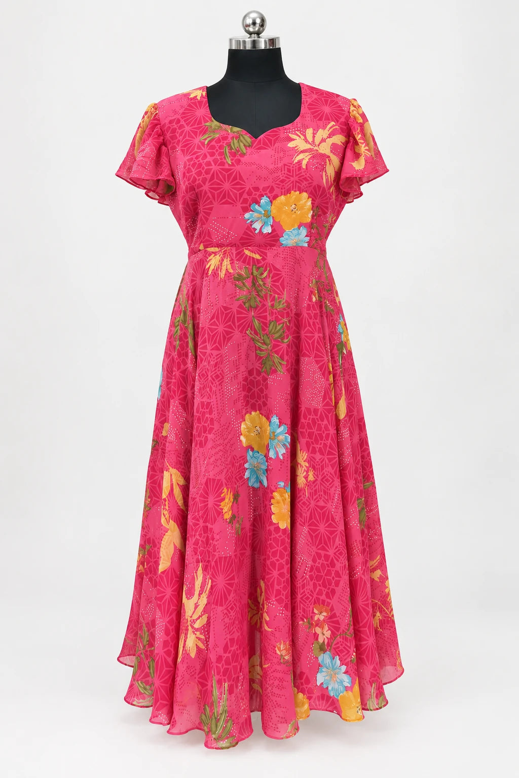 Pihu — Fuchsia Botanical Tie Back Dress, retouched garment front view on a clean background