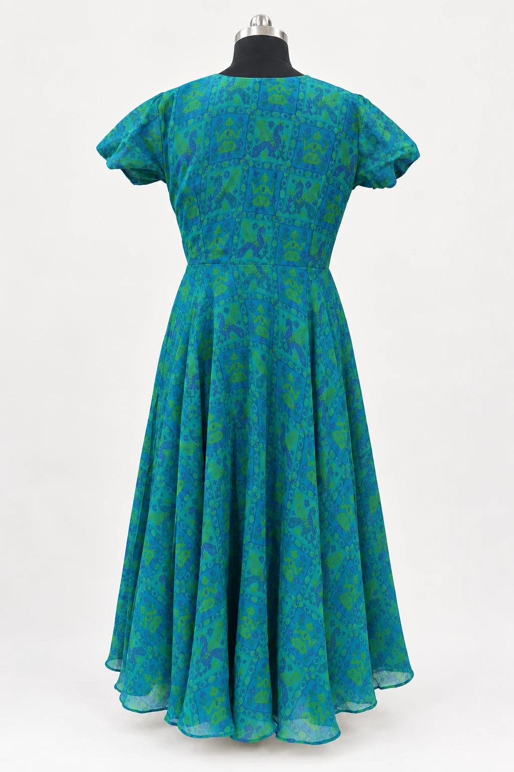 Prisha — Blue & Green Motif Puff Sleeve Dress, retouched garment back view on a clean background