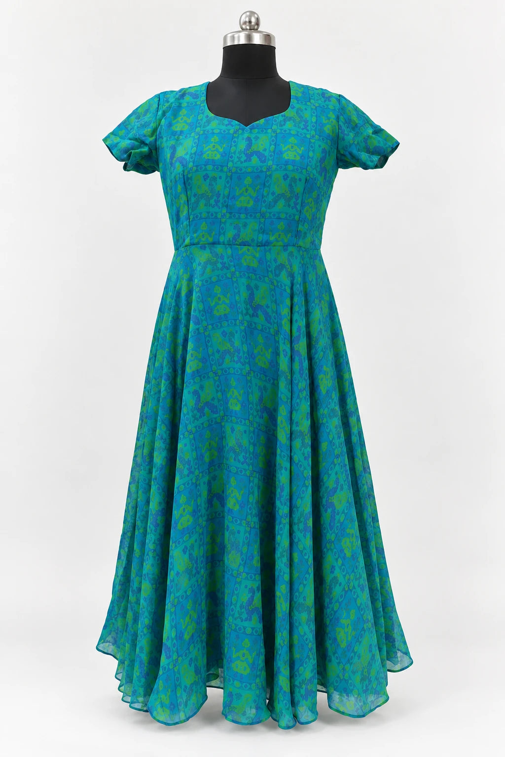 Prisha — Blue & Green Motif Puff Sleeve Dress, retouched garment front view on a clean background