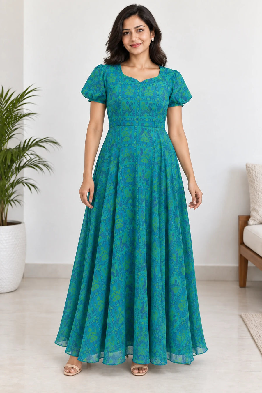 Prisha — Blue & Green Motif Puff Sleeve Dress