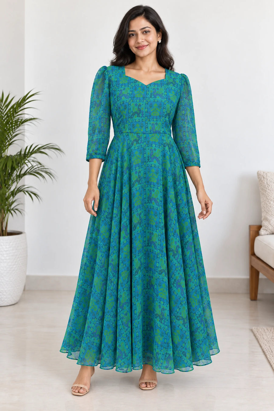 Rhea — Blue & Green Motif Dress