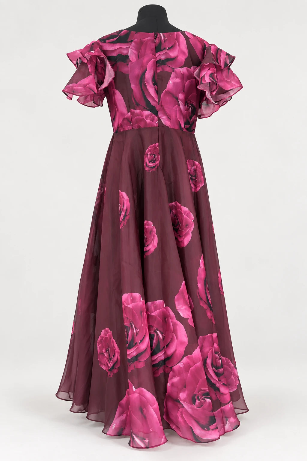 Roshni — Plum Rose Flutter Dress, retouched garment back view on a clean background