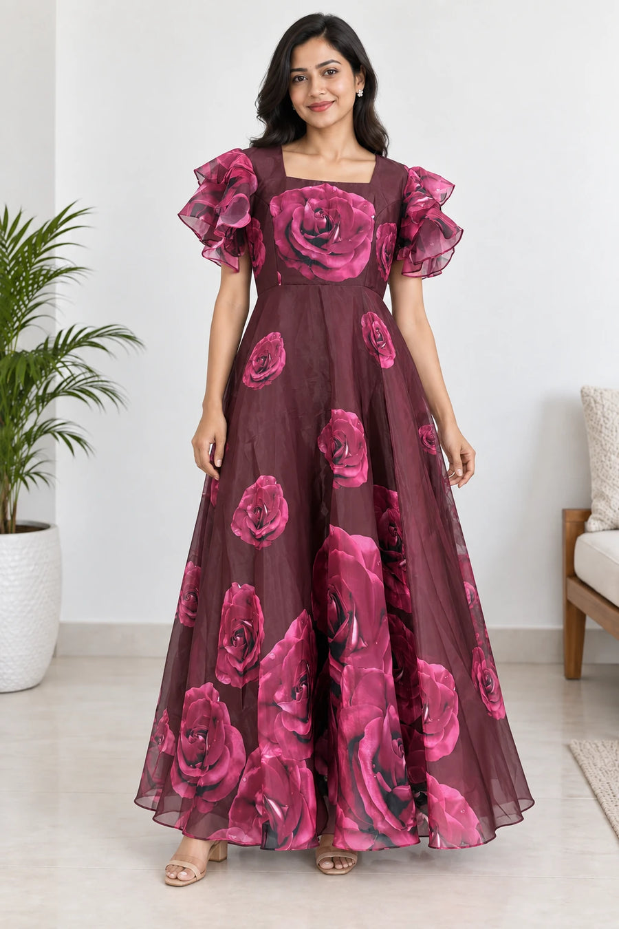 Roshni — Plum Rose Flutter Dress